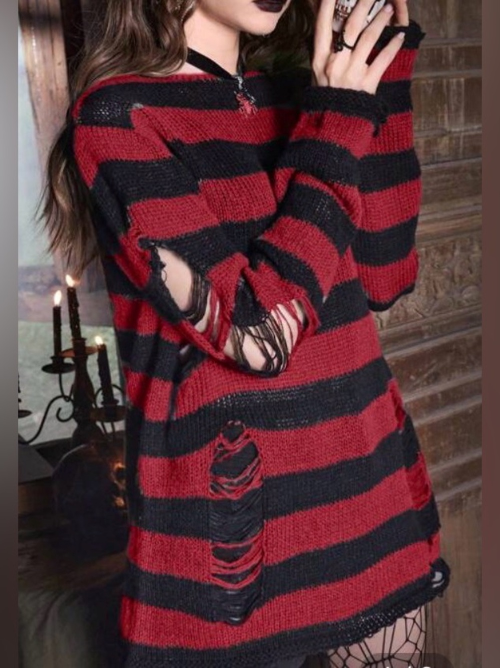 Red & Black Striped Distressed Knit Sweater | Grunge Punk Goth